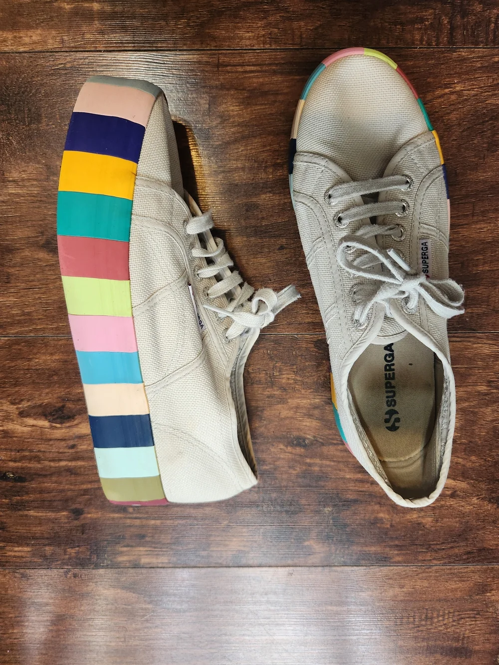 Superga 2790 Cream Canvas Platform Sneakers with Rainbow-Striped Sole